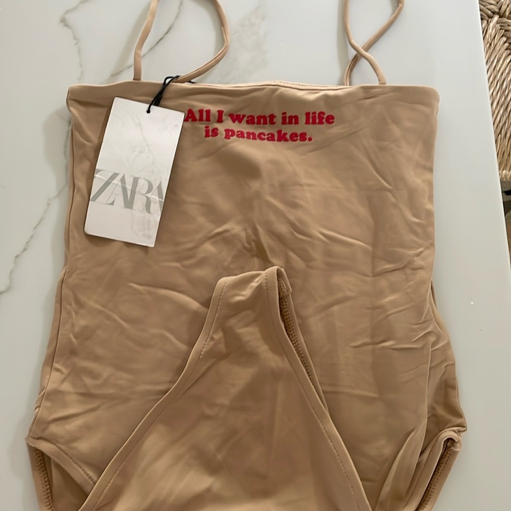 Zara thong bodysuit "all I want in life is pancakes"
